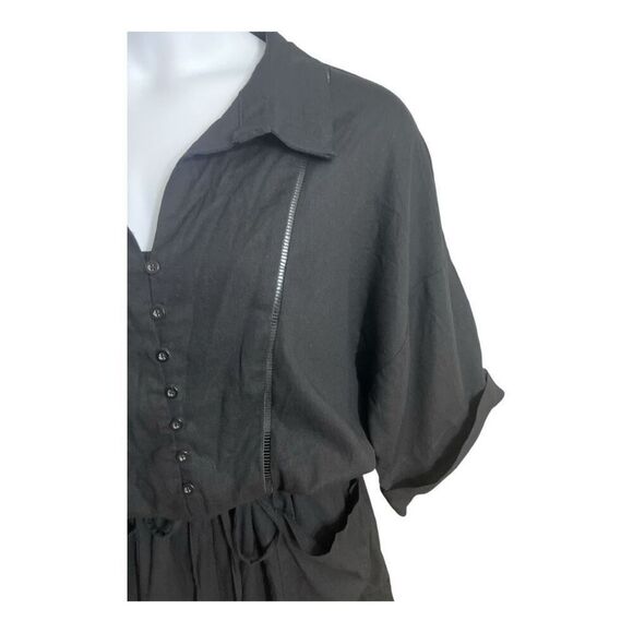 Women Black 3/4-Sleeve Romper Plus Size 2X Linen Blend Button Up Elastic-Waist - Picture 4 of 12